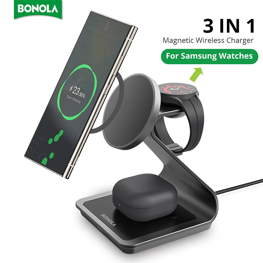 Bonola 3-in-1 Magnetic Wireless Charging Station – 25W Fast Charger Stand for Samsung Phones, Watches & Earbuds”