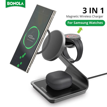 Bonola 3-in-1 Magnetic Wireless Charging Station – 25W Fast Charger Stand for Samsung Phones, Watches & Earbuds”