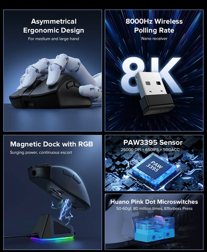 Ergonomic Wireless Precision Mouse – Lightweight 63g with Charging Dock