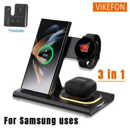 3-in-1 Wireless Charging Station with Foldable Phone Stand – Fast LED Charger for Samsung & Galaxy Buds