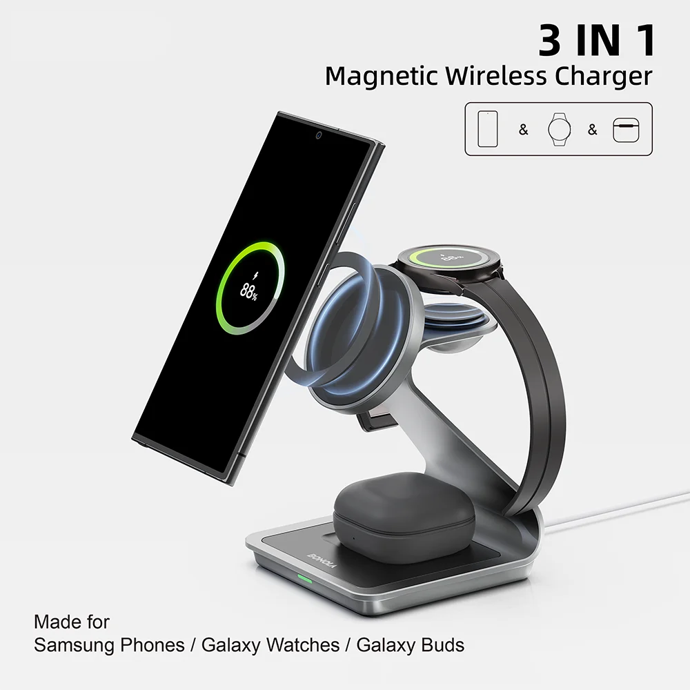 Bonola 3-in-1 Magnetic Wireless Charging Station – 25W Fast Charger Stand for Samsung Phones, Watches & Earbuds”