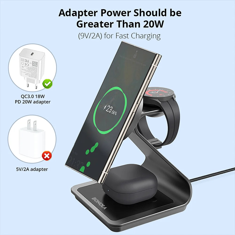 Bonola 3-in-1 Magnetic Wireless Charging Station – 25W Fast Charger Stand for Samsung Phones, Watches & Earbuds”