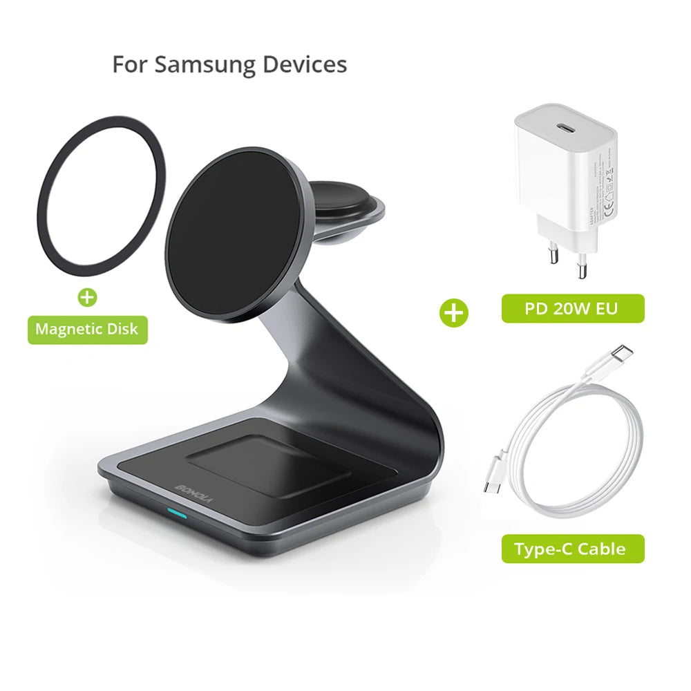 Bonola 3-in-1 Magnetic Wireless Charging Station – 25W Fast Charger Stand for Samsung Phones, Watches & Earbuds”